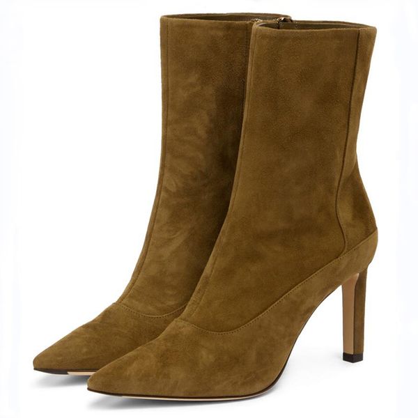 Berühmte Frauen-Knöchelstiefel Mavie 85 London Italien Populärer Punktzehen Soft Wildleder High Heels Start einfacher Designer Italien Braut Hochzeitsfeier Knöchel Short Stiefel EU 35-43