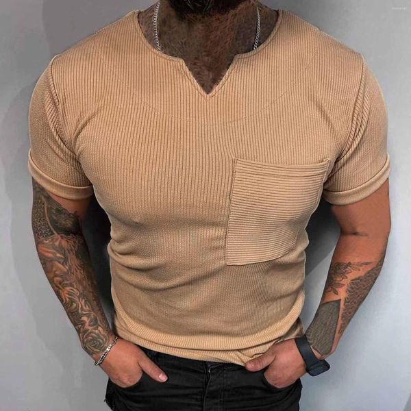 Camisetas masculinas machos primavera e verão tira de manga curta tops de cor sólida v bolso de pescoço de pescoço