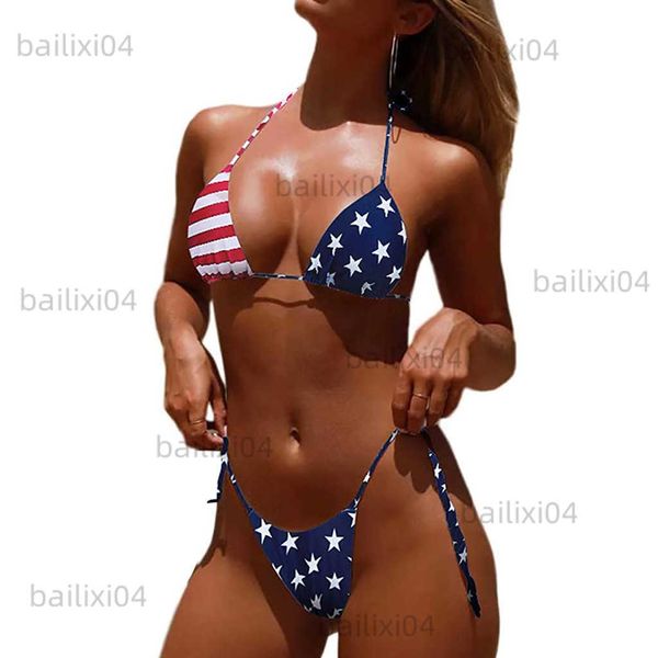 Женские купальные костюмы Cloocl Swimwear Женские бикини женский сексуальный американский флаг принт бикини набор женского купальника T230417