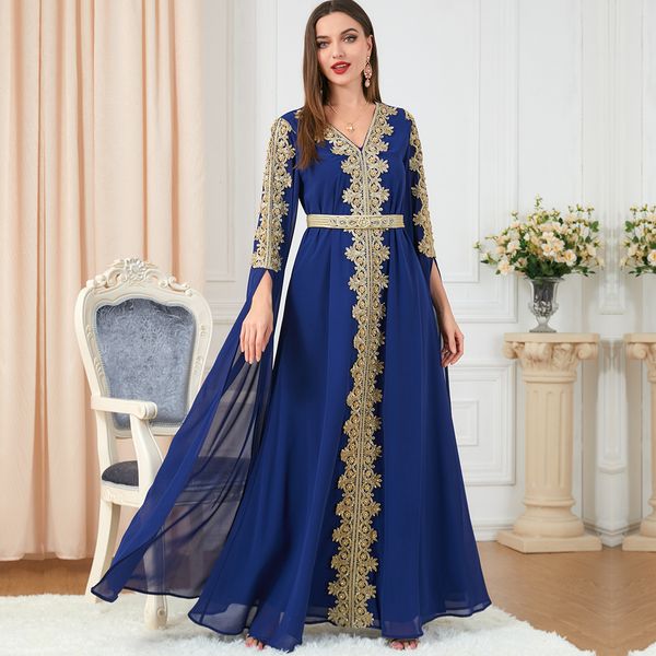 Roupas étnicas Abaya Dubai Vestido muçulmano Luxo de alta classe com bordados florais Guipure painel de renda com cinto chiffon manga longa manto peru