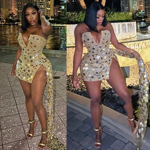 Goldsilver vestidos de cocktail profundo decote em v brilhos lantejoulas miçangas tule curto vestidos de baile lado split vestidos formais para mulher mais tamanho