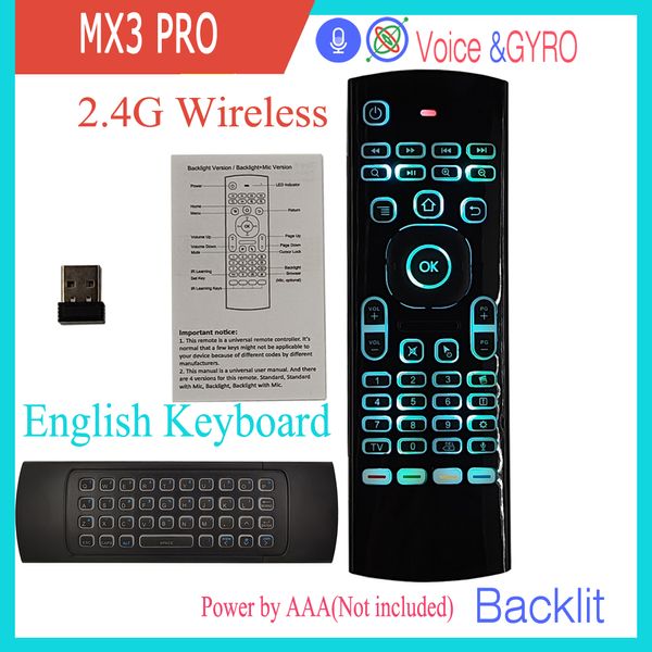 MX3 PRO Voz Air Mouse Controle Remoto Mini Teclado Retroiluminado 2.4G Giroscópio Sem Fio IR Learning para Android TV Box PC