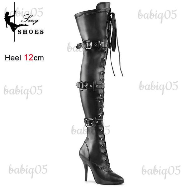 Botas acima do joelho 12cm mulheres botas de alta qualidade fivela de cinto apontado dedo do pé coxa bota saltos finos stripper sapatos primavera outono bota longa t231117