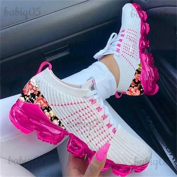 Scarpe eleganti 2023 Nuove scarpe da ginnastica Donna Primavera Moda Tessuto lavorato a maglia Floreale Lace Up Scarpe casual da donna Appartamenti di grandi dimensioni Running Sport T231117