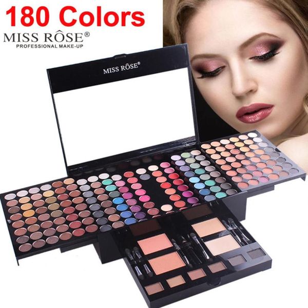 Miss Rose 180 цветов Палитра теней для век Макияж Shimmer Matte Contouring Kit 2 Пудра для лица Румяна 1 Подводка для глаз 6 Губка для макияжа Gi8250868