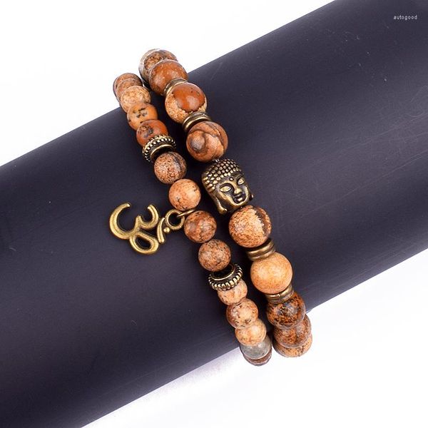 Strand Handmade Natural Stone Lotus Ohm Buddha Beads Bracciale Immagine Yoga Charm per donna Uomo Set di gioielli Pulsera Gifts