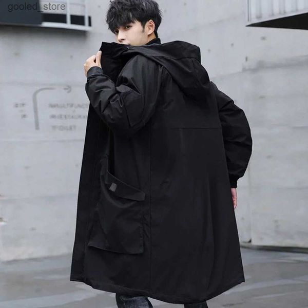 Casacos de Trench Masculinos Coreano Moda Longa Jaqueta Homens com Capuz Puro Preto Com Capuz Windbreaker Jaqueta Overcoat Outono Homens Grandes Bolsos Extra Grande Tamanho Q231118