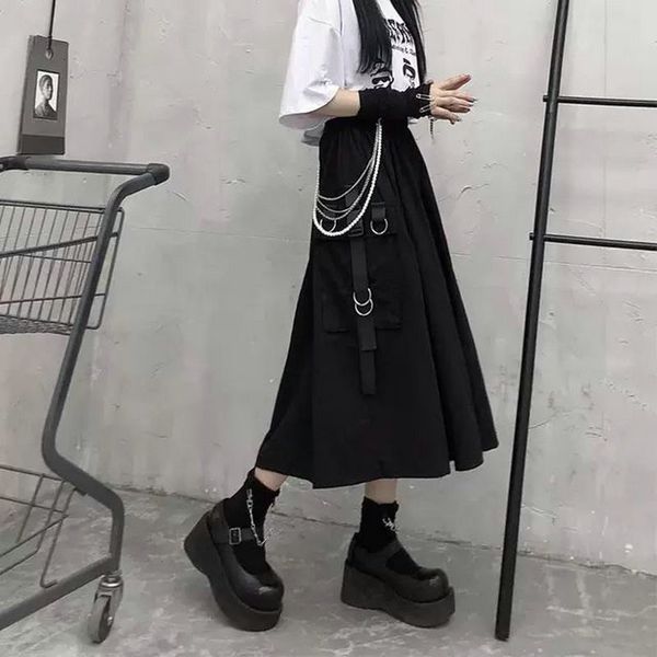 Saias de cintura alta carga mulher harajuku 2023 solto uma linha bolso midi longo preto saia hip hop moda streetwear oversize 230417