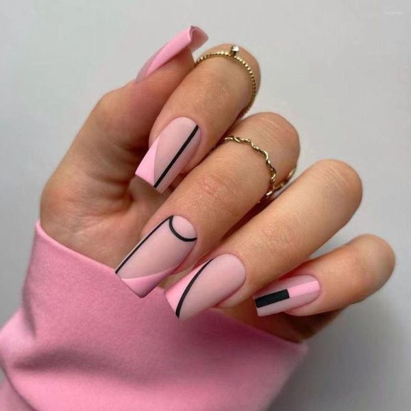 Unghie finte 24 pezzi manicure Nials finti linee nere serpente fai da te lungo quadrato francese bordo bianco