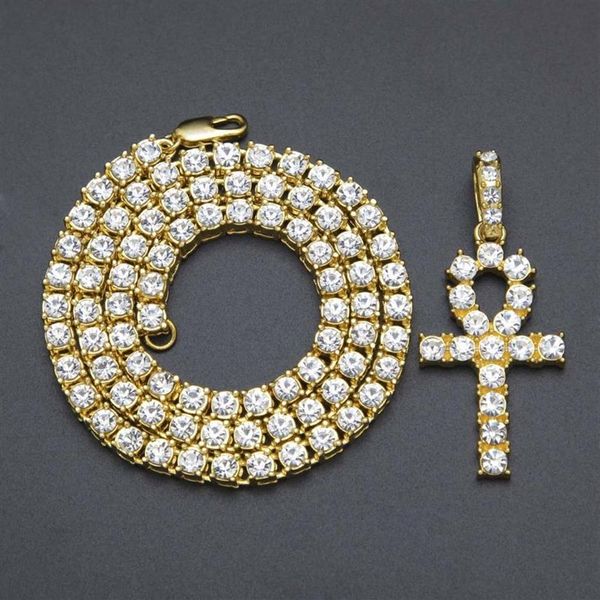Ägyptische Ankh-Schlüssel-Halsketten für Herren, Bling-vergoldete Kette, Strass-Kristall, Kreuz, Iced-Out-Anhänger für Frauen, Rapper, Hip Ho199f