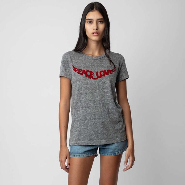 24ss Zadig Voltaire Baumwoll-T-Shirts mit Frontflügel-Beflockung, bedruckte T-Shirts, graues Blumengarn, Damen-Designer-ZV-Tops, Rundhalsausschnitt, kurzärmelige T-Shirt-Poloshirts