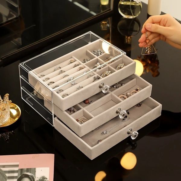 Organizador de caixas de joias, caixa transparente, gaveta multicamadas, à prova de poeira, suporte de veludo, anel, colar, brincos, armazenamento 231117
