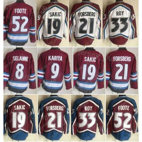 Homens CCM hockey''nHl'' Retro 52 Adam Foote Jersey Vintage Clássico 21 Peter Forsberg 19 Joe Sakic 33 Patrick Roy 8 Teemu Selanne 9 Paul Kariya Todos