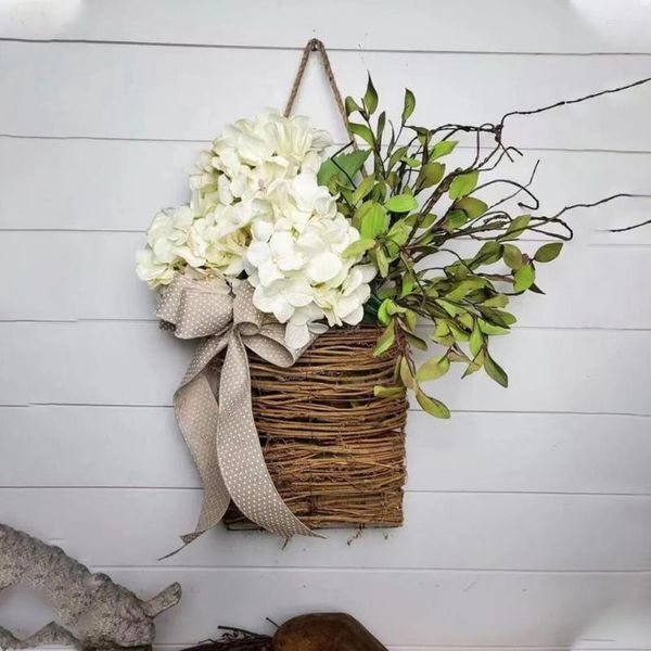 Flores decorativas Belas cesta de flores de simulação com porta de cordão Planta pendurada sem regar vime ornamental