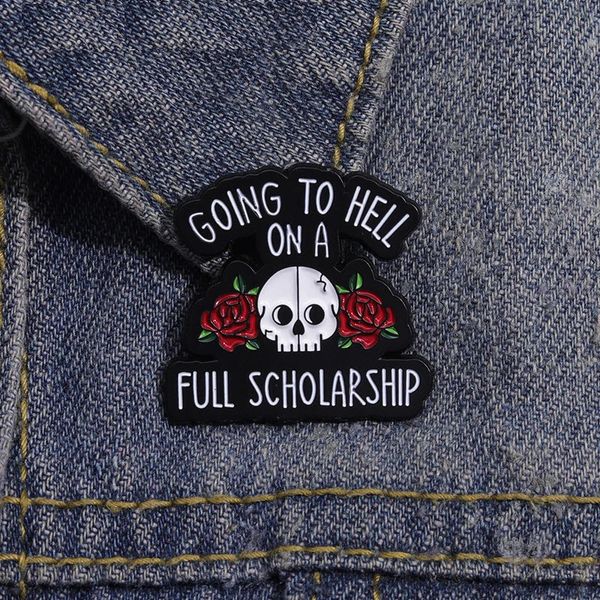 Going to Hell on a Full Scholarship Brooch Enamel Pins Punk Skeleton Rose Brooches Lapel Badges Halloween Jewelry Accessories