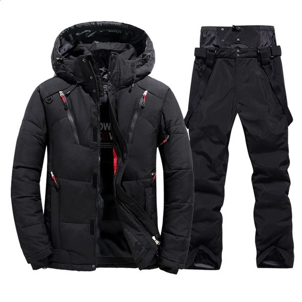 Skianzüge Winter-Thermo-Skianzug für Herren, winddichte Ski-Daunenjacke und Lätzchen, Hosen-Set, männliches Schneekostüm, Snowboard-Kleidung, Overalls 231116