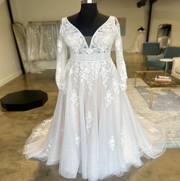2023 Nov Arabisch Aso Ebi Plus Size A-Linie Strand Elfenbein Hochzeitskleid Spitze Tiefer V-Ausschnitt Sexy Brautkleider Kleider ZJ3022