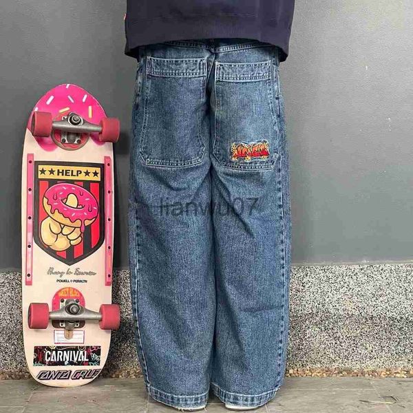 Pantaloni da uomo Nuovi JNCO Jeans da uomo Y2k Skateboard Hip Hop Sport Jeans larghi Vita bassa Cargo Jeans neri Pantaloni dritti Harajuku Streetwear Hot J231117