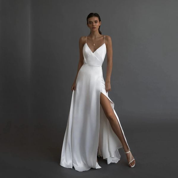 2024 simples uma linha de cetim vestido de casamento para as mulheres com decote em v cintas de espaguete vestido de noiva sexy alta divisão sem costas novia