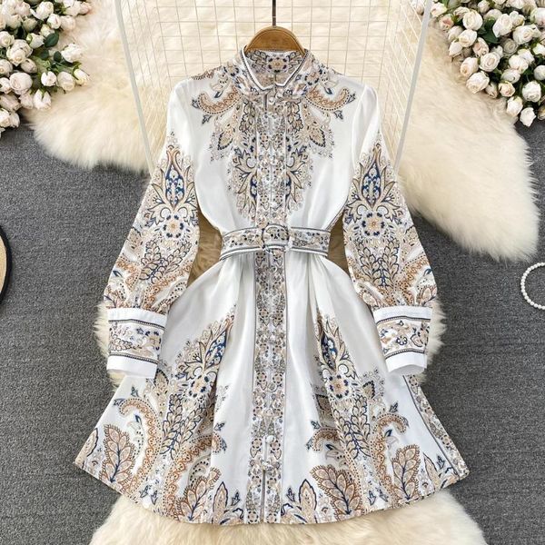 Casual Kleider Royal Style Vintage Blumendruck Frauen mit Gürtel Einreiher Laterne Ärmel Party Kleider 2023 Frühling Sommerkleid