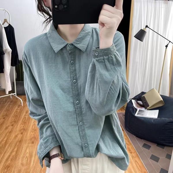 Damenblusen Dunkelgrünes Hemd Casual Lady Spring Korean Fashion Damen Loose Design Solid Color Lace Top Basic Bluse