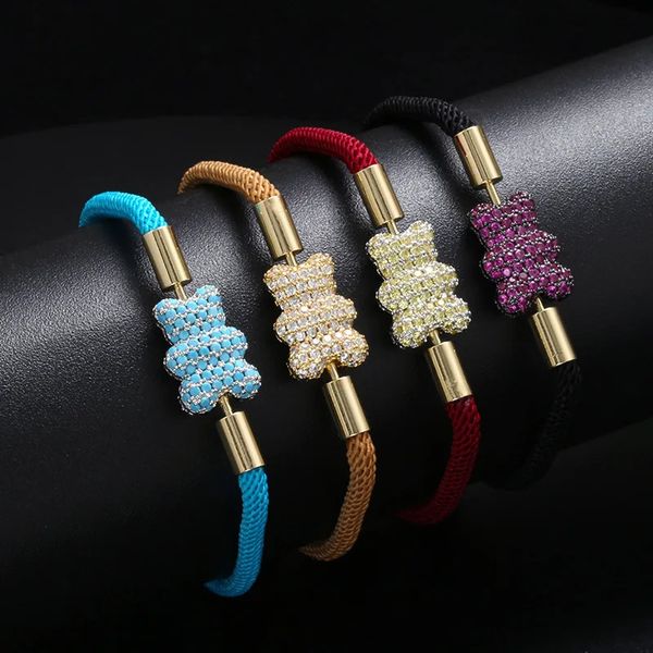 Corrente adorável bicolor urso design cristal zircão duplo lado pingente trançado mão corda pulseira perfeita feminino jóias presente 231117