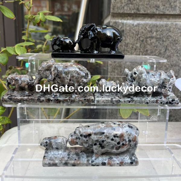Natürliche schwarze Obsidian-Flammenstein-Mutter-Kind-Elefant-Nashorn-Fluss-Pferd-Figur, Yooperlit-Bergkristall, Mutter-Baby-Flusspferd-Tier-Heimdekoration