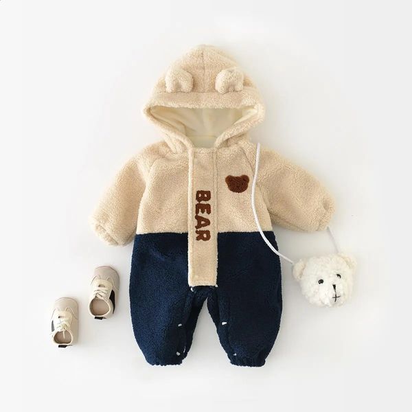 Macacões Outono Inverno Nascido Infantil Urso Dos Desenhos Animados Mais Veludo Engrossar Cardigan Romper Menino Menina Bebê Splicing Carta Macacão Kid Onesie 231116