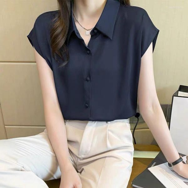 Damen Blusen Sommer Slim Style POLO Kragen Einreiher Solide Ärmellos Mode Pendeln Koreanische Version Professionelles Kleid Dünnes Hemd