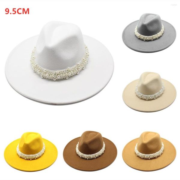 Baskenmützen 9,5 CM Big Brim Unisex Volltonfarbe Einseitige Perle Wollfilz Jazz Fedora Hüte Elegante Männer Frauen Panama Trilby Cap Großhandel