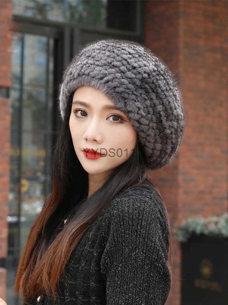 Beanie/Totenkopfmützen ICYMI Echte Nerzpelzmützen Elegante Wintermützen für Damen Neues Design Modepelzhüte Gestrickte warme natürliche Nerzpelzmützen Mütze YQ231117