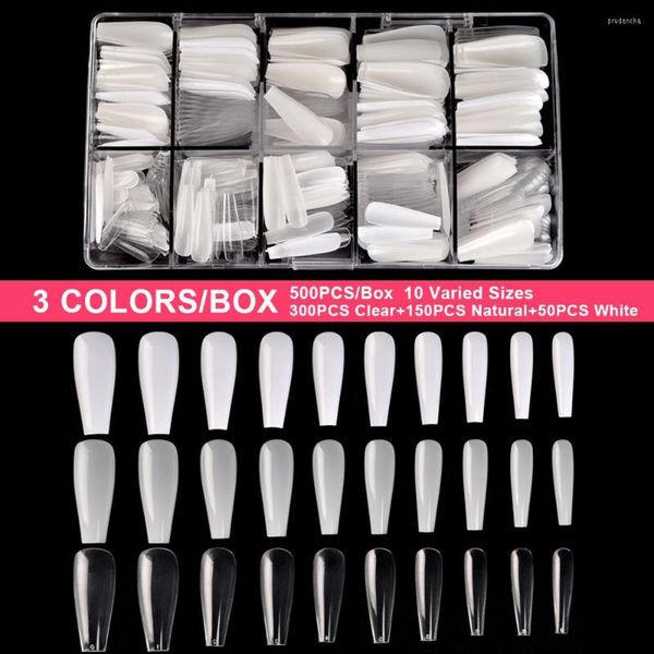 Unghie finte KADS 500pcs Punte per unghie Ballerina Bara a forma di 3 colori / scatola Lunga copertura completa Falso Art Manicure 10 Taglia Trasparente