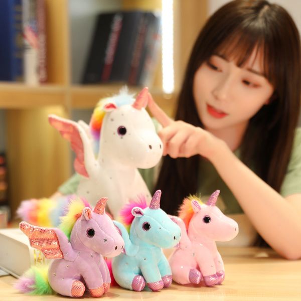 Doll-ousicórnio de quatro cores Rainbow Angel Unicorn Cartoon Animal Plush Toy