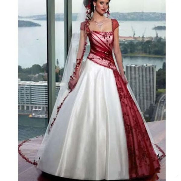 Abito da sposa vintage bianco e bordeaux a linea A per le donne Collo in pizzo Abiti da sposa lunghiAppliques Maniche ad aletta Taglie forti Corsetto gotico Country Garden