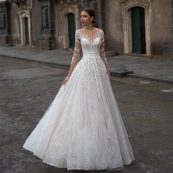 Abiti da sposa Crystal Design 2024 Maniche lunghe pizzo elegante Boho Abiti da sposa con applicazioni di pizzo Abito da sposa stile country Abito da spiaggia lucido Abito da sposa da spiaggia