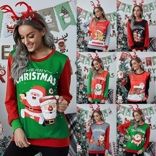 Magliette da donna Magliette natalizie da donna Maniche lunghe Pullover stampato Donna Natale Allentato Tempo libero Abbigliamento per la casa Colorbloking T-shirt comoda