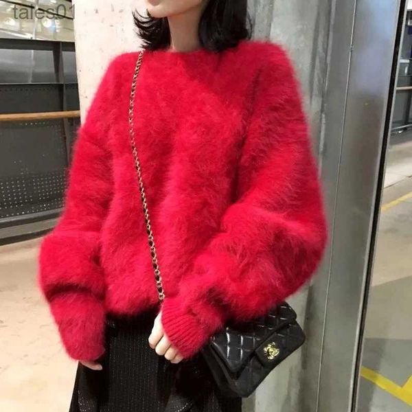 Suéteres femininos JSXDHK 2022 Suéteres de ano novo para mulheres de alta qualidade outono inverno mohair malha grossa quente vermelho solto mink cashmere pullovers zln231117