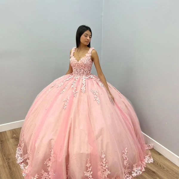 Pembe Seksi V-Neck Ball Roow Quinceanera Elbiseler 15 Parti Doğum Günü Aplike Dantel Vestidos de Debutante Ballkleid Sıcak