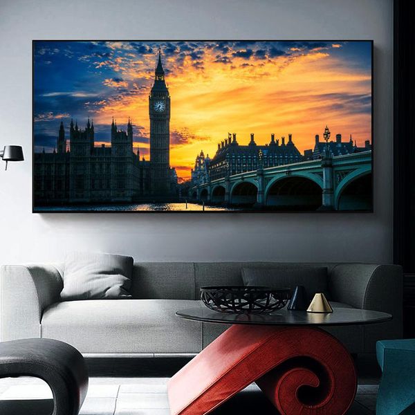 Pintura de lona Paisagem da cidade Big Ben Ben Amarelo Impressão da parede Arte da parede para a sala Decoração de casa decoração de parede sem moldura sem moldura