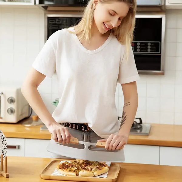 Ahşap saplı ve koruyucu kasa ile 1 adet pizza bıçağı rocker, 14 inç keskin paslanmaz çelik pizza dilimleyici, mutfak aletleri için harika aksesuar kıyıcı, pizza bıçağı kesici