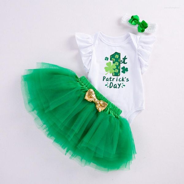 Set di abbigliamento Baby Girl St Patricks Day Outfit Bianco Manica corta Stampa lettera Pagliaccetto Gonna in tulle verde Set nato con fascia