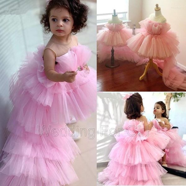 Mädchenkleider Rose Pink Tiered Tüll Puffy Princess Birthday Dress Hi-Lo Flower Knielang Baby First Communion Brautkleider