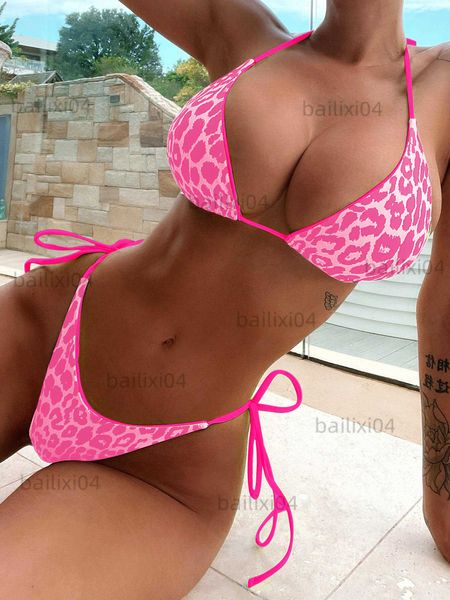 Costumi da bagno da donna 2023 Costume da bagno leopardato avvolto a triangolo da donna 2 pezzi Bikini caldo con lacci Set da donna Sexy Costumi da bagno con scollo all'americana Pushup Biquini brasiliano T230417