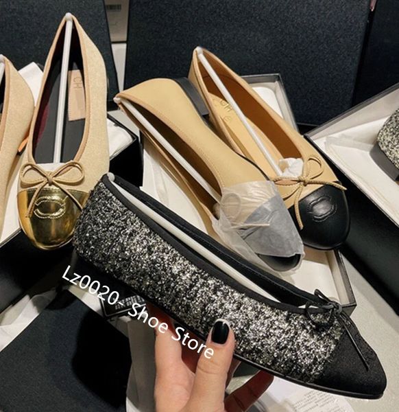 Bale Ayakkabıları Klasik Tasarımcı Ayakkabı Giyim Kadın Ayakkabıları Pembe Siyah Beyaz Deri Tüvit Kumaş İki Renk Ekleme Yay Yuvarlak Kafa Resmi Ayakkabı Çıplak Renkli Kadın Marka Ayakkabıları