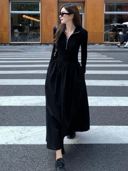 Vestidos sexy urbanos outono inverno em mulheres preto vestidos longos vintage frente zíper colarinho elegante senhora manga longa a linha vestido fino 231117