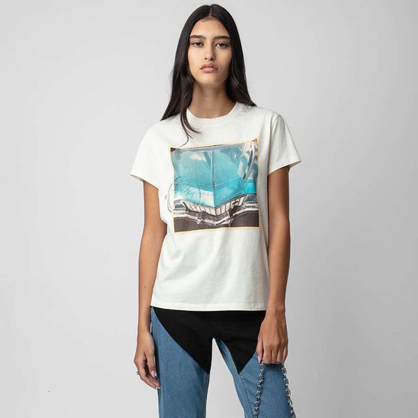 24SS Fransız Zadig Voltaire Mavi Araba Tees Beyaz Mürekkep Dijital Baskı Sıcak Pırlanta ZV Tasarımcı Tshirts Kayıtlı Kadınlar Kısa Kollu T-Shirt Üstleri Polos