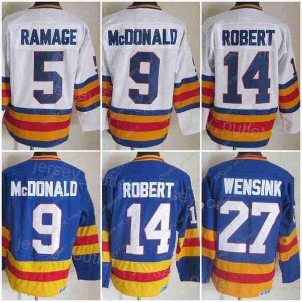 Erkekler ccm hokey''nhl '' retro 27 John Wensink Jersey Vintage Classic 5 Rob Ramage 14 Rene Robert 9 Lanny McDonald Blue White Takım Uzak Renk