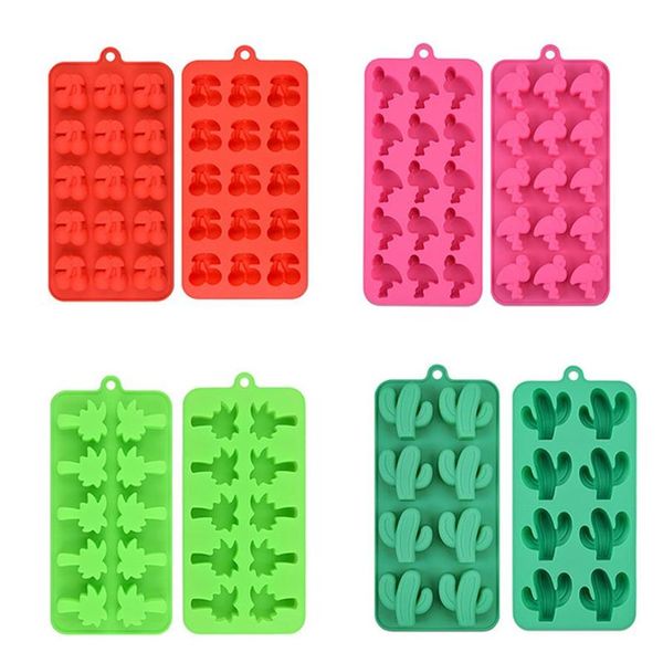 Moldes de doces de flamingo de cereja com 15 buracos, molde de folha de bordo de 10 buracos, molde de chocolate de silicone com 8 furos, cacto, 4 peças, conjunto 232w