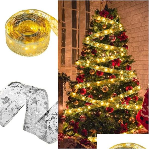 Decoração de festa Decoração de Natal LED Fita Luzes Árvore Ornamentos DIY Lace Bow String Light Home Drop Delivery Home Garden Festiv Dh2Ex