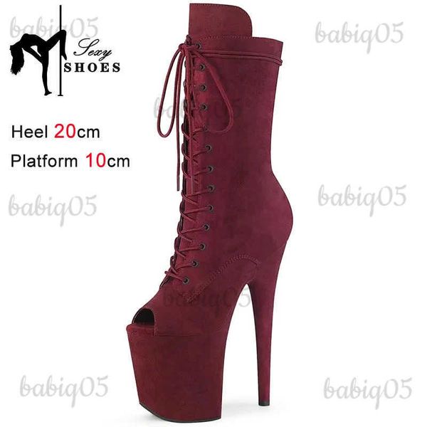 Botas Sexy Mulheres 8 polegadas Super Stiletto Fino Salto Alto Peep Toe Flock Lace Up Pole Dance Ankle Boots Nightclub Fetish Platform Shoes T231117